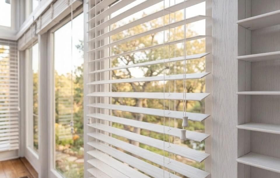 gorden kayu warna putih wooden blind sektor bintaro